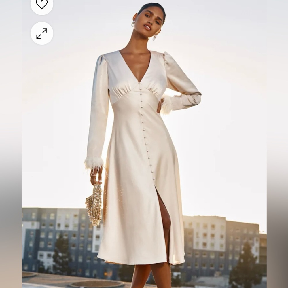 NWOT Precious Aura Champagne Satin Feather Long Sleeve Midi Dress